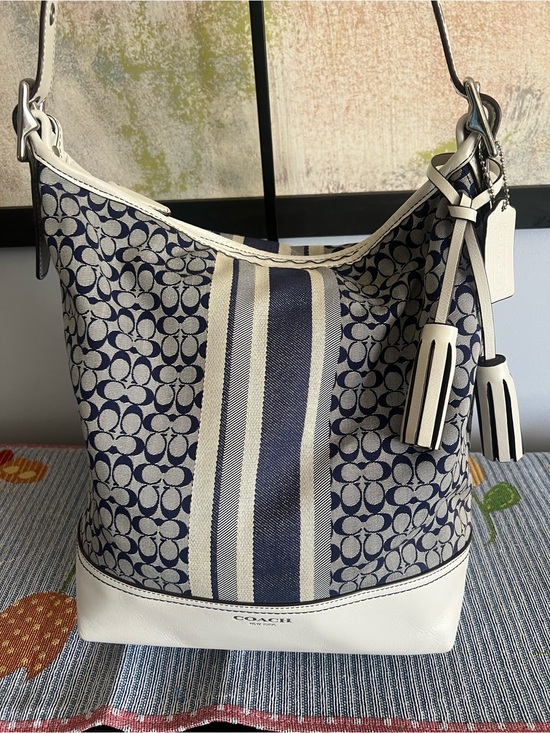 Coach Handbags - Coach Signature Canvas Stripe Hobo Duffle Bag in Navy and White